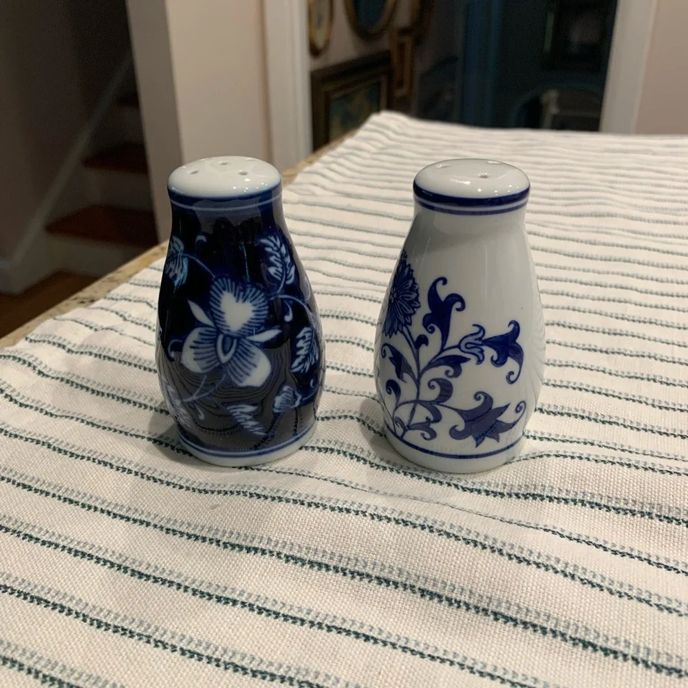 Pier 1 Mandarin Salt and Pepper Shakers Blue and White Floral Ceramic
